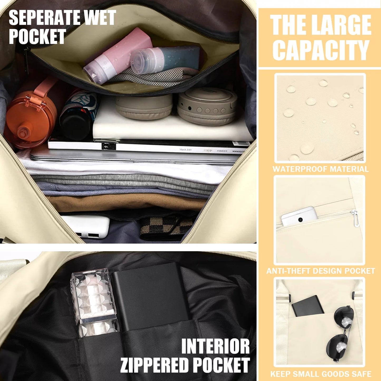 Weekender Bag for Women Sports Tote Gym Bag, Hospital Bag for Labor and Delivery Overnight Bag for Women, Travel Duffle Bag with Toiletry Bag Carry on Bag(Beige)