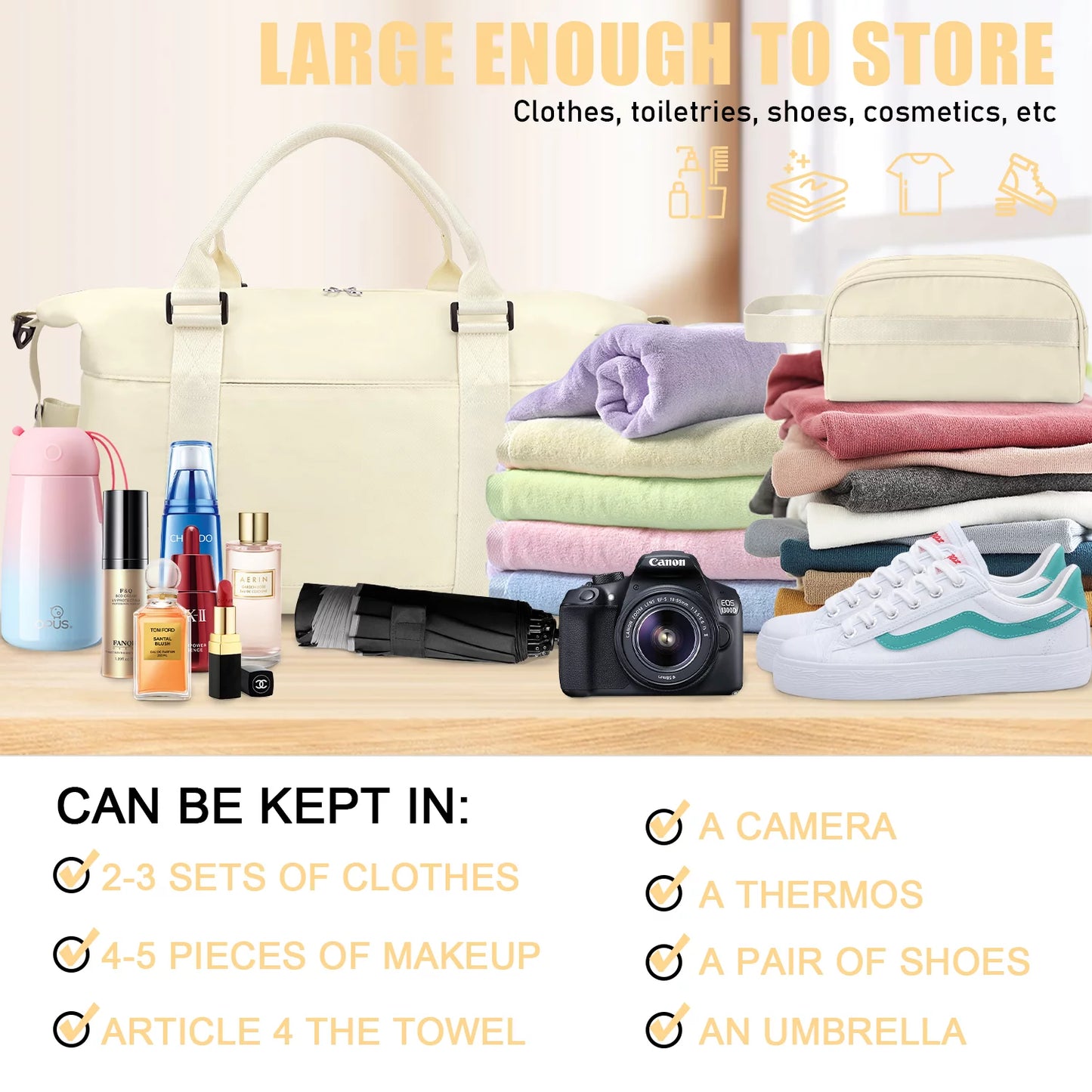 Weekender Bag for Women Sports Tote Gym Bag, Hospital Bag for Labor and Delivery Overnight Bag for Women, Travel Duffle Bag with Toiletry Bag Carry on Bag(Beige)