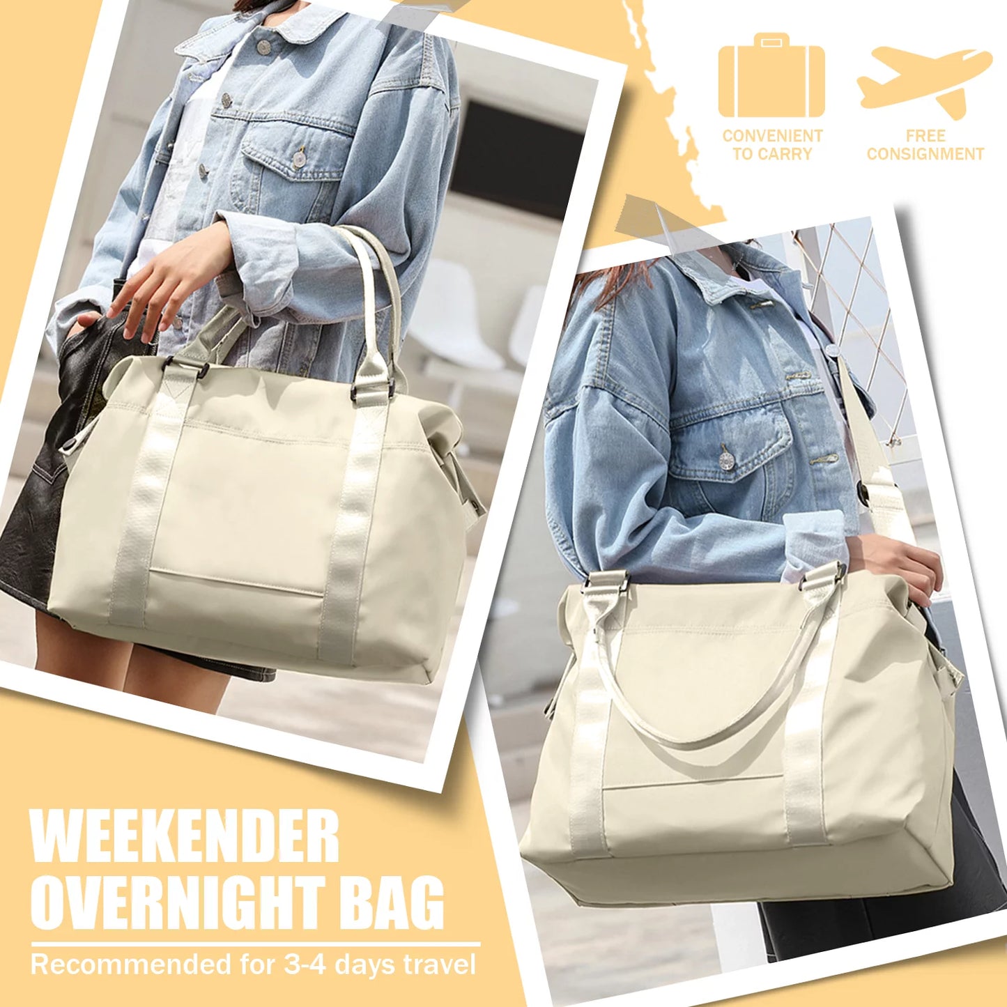 Weekender Bag for Women Sports Tote Gym Bag, Hospital Bag for Labor and Delivery Overnight Bag for Women, Travel Duffle Bag with Toiletry Bag Carry on Bag(Beige)