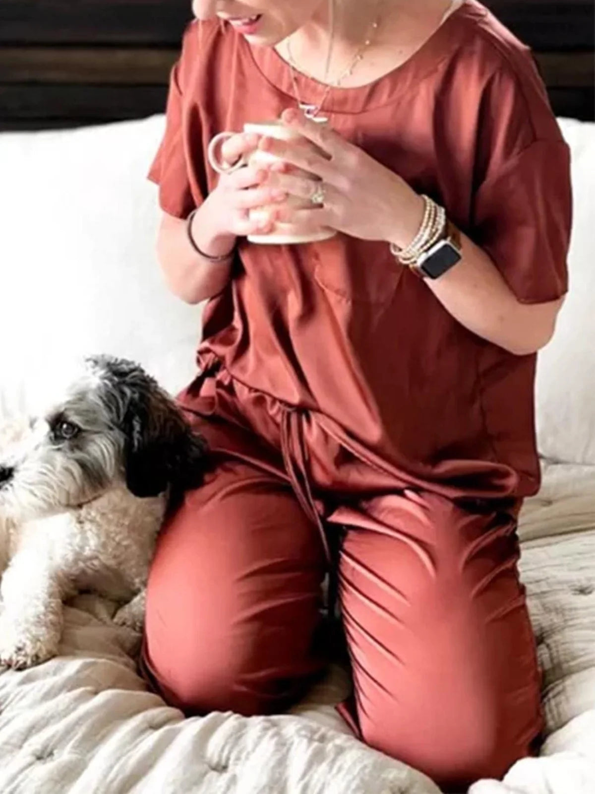 Womens Silk Satin Pajama Set Short Sleeve Shirt with Long Pajama Pant Set Two-Piece Pj Sets Soft Sleepwear Loungewear Nightwear Button-Down Pjs S-XL, Dark Green, S